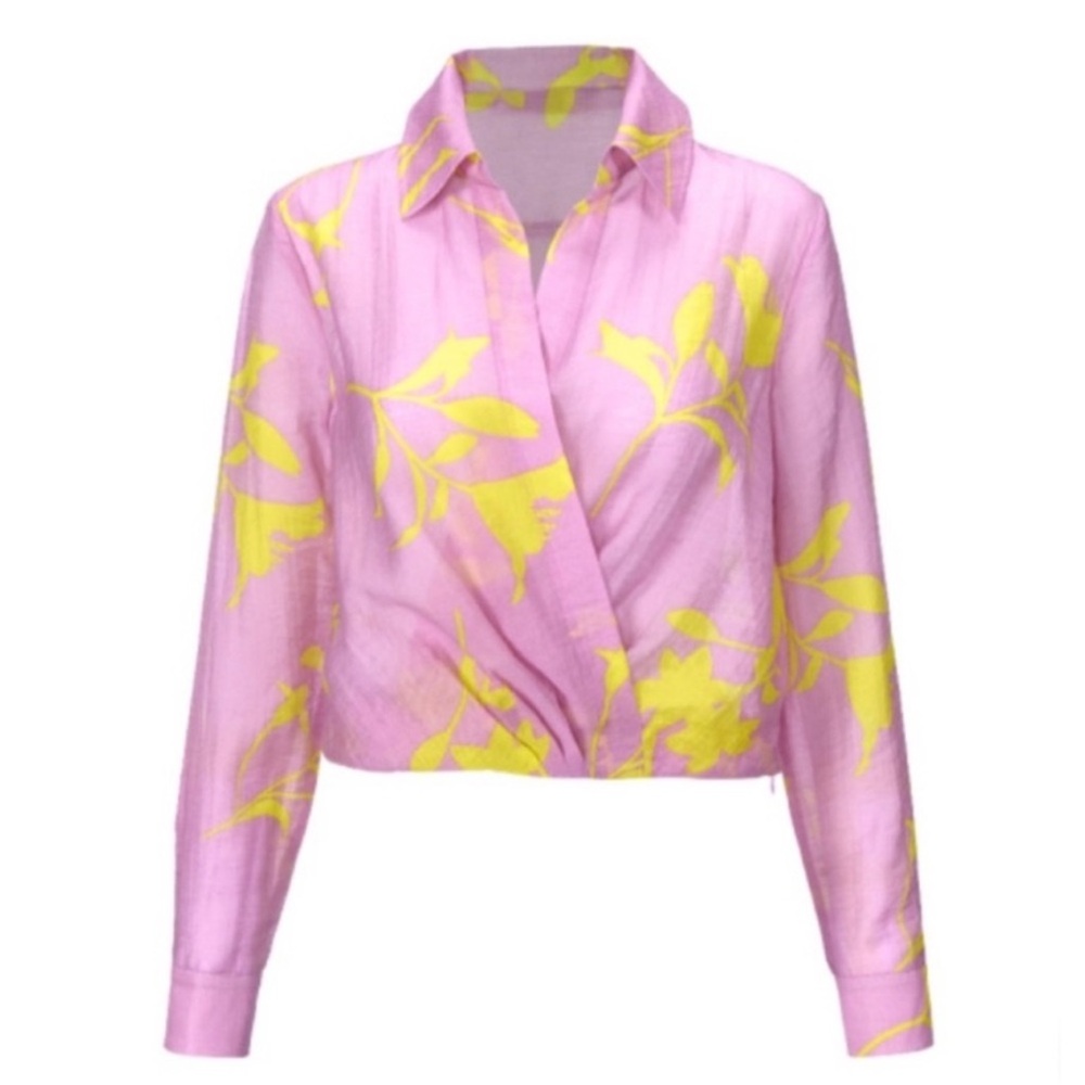 CAbi Anthropologie Women’s L Purple Pink Yellow Drift Sheer Floral Top Blouse